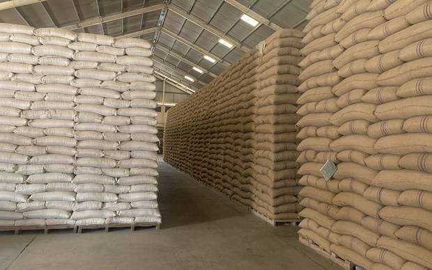 Rows of jute and polypropylene bags stacked on pallets in a HAGRO partner warehouse, 2021